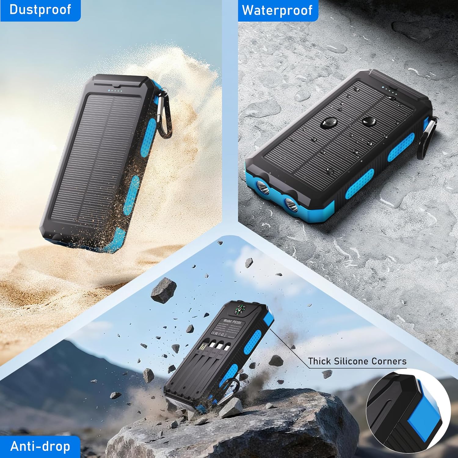Durecopow Solar Charger Power Bank 20,000mAh, Portable Charger, 4 Cables 3 Ports Fast Charging External Battery Pack with USB C for Cell Phones, Solar Panel Charger with Dual Flashlight for Camping - Image 7